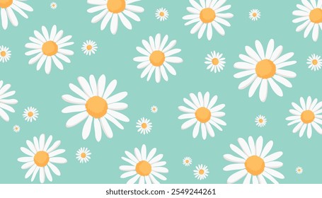 Vetor padrão de ilustrações flores brancas margaridas em um fundo pastel verde. EPS10
