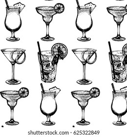 Vector pattern with  illustration of alcoholic cocktails. Hand drawn sketch of mojito margarita pina colada and cosmopolitan with slice of lime and straw. Template for card and poster, banner, print.