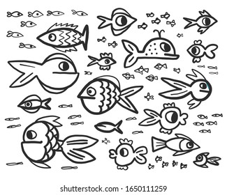 vector pattern illustration, background on a marine theme, fish in the sea, plankton, algae and the deep sea