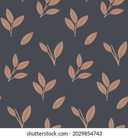 Vector pattern illustration of beige leaves. Dark background and botanic ornament. Perfect for wallpaper, textile, wrapping paper, fabric print. Vector illustration