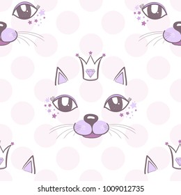 Vector pattern  Illustration of a cat princess, muzzle, mustache, ears, crown, eyes.Hand draw