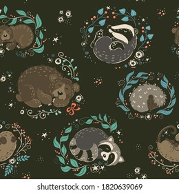 Vector pattern illustration of cute animals in winter sleep with wild herbs and floral decorations. Seamless pattern with bear, raccoon, hedgehog, badger, mouse, christmas branches.