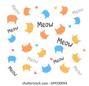 Vector pattern with illustration of different color cartoon cats heads. Lovely happy kittens on white background with hearts and text. Simple geometric flat style design for textile, card, print, web