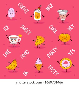 Vector pattern illustration with different happy sweet fast food and drink character on pink color background with word. Line art style design of fast food set for web, site, banner, sticker, print