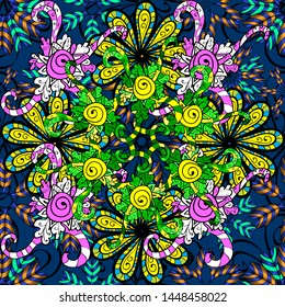 Vector pattern. Vector illustration. Exploding flowers abstractly placed. Gentle, spring floral on black, green and blue colors.