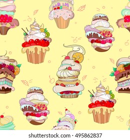 Vector pattern. Illustration of fantastic cakes in the tender yellow background. hipster background.