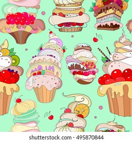 Vector pattern. Illustration of fantastic cakes in the bright mint background. hipster background.