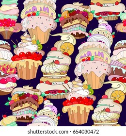 Vector Pattern. Illustration of fantastic pastries on a dark purple background.