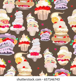 Vector Pattern. Illustration of fantastic pastries on a gray-brown background.