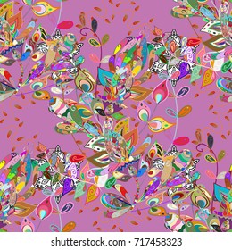 Vector pattern. Vector illustration. Gentle, spring floral on violet, neutral and pink colors. Exploding flowers abstractly placed.
