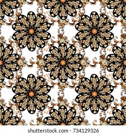 Vector pattern. Vector illustration. Gentle, spring floral on black, white and beige colors. Exploding flowers abstractly placed.