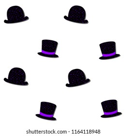 Vector pattern illustration with gentleman's hats: black bowler hat and black cylinder hat with violet elements
