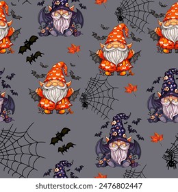 Ilustración de patrón de Vector de un gnomo con bolsos de vuelo. Fiesta de Halloween. Lindo gnomo ilustración