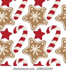 Vector pattern illustration , graphic design ,candy white and red ,with star biscuit .Pattern on white background for cards , invitation , books or other design uses.