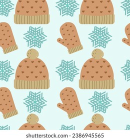 Vector pattern illustration , graphic design , winter beige hat on blue background with snowflakes ,in flat cartoon style for different design uses.