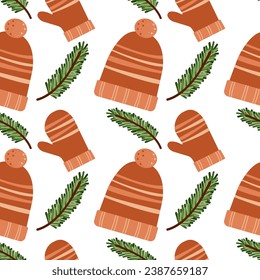 Vector pattern illustration , graphic design , winter orange hat and gloves  on green background , Christmas holidays in flat cartoon style for different design uses.