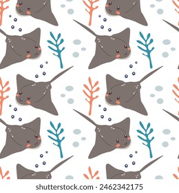 Vector pattern illustration .Manta ray fishes, marine animals, sea creatures set vector seamless pattern.. Eagle or devil fish group, underwater stingray giant ocean animals.