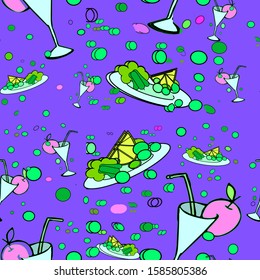 vector pattern illustration  for motivation to slimness. food salads vegan cocktails on a lilac purple  background