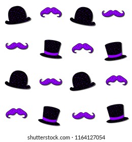 Vector pattern illustration with moustaches and gentleman's hats: black bowler hat and black cylinder hat with violet elements