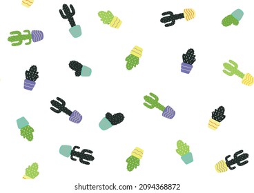 Vector pattern illustration of randomly scattered potted cactus.