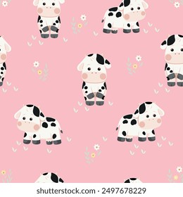 Vector pattern illustration of randomly scattered cows in childish style. Art for wallpaper, fabric print, decoration, etc.