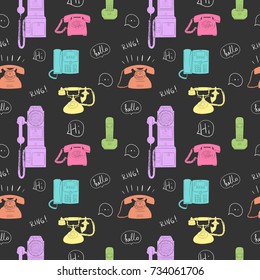 Vector pattern with the illustration of retro, vintage and modern telephones.