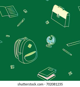 Vector pattern illustration of School objects on  green background.