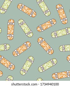 Vector pattern illustration of skateboards in cartoon style.