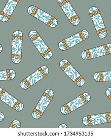 Vector pattern illustration of skateboards in cartoon style.