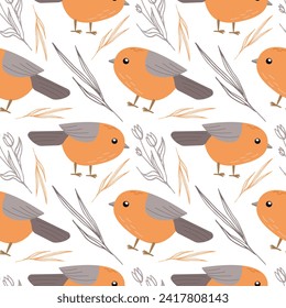 Vector pattern illustration, spring , summer bird ,colorful with flower elements on white background