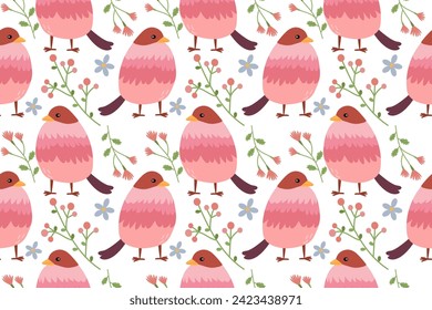 Vector pattern illustration, spring , summer bird ,colorful with flower elements on white background