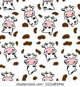 Vector pattern illustration of stylized spotted cows. Art in a stripped-down cartoon style.