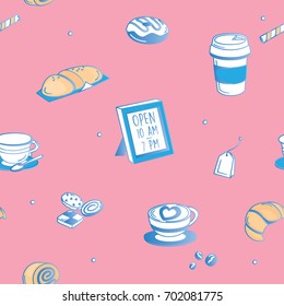 Vector pattern illustration of Sweet Cafe objects on pink background.