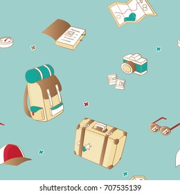 Vector pattern illustration of travel objects on light blue background.