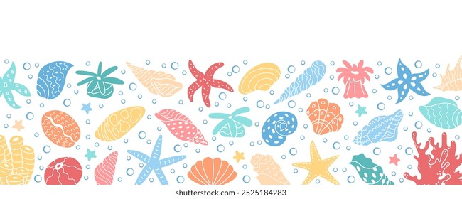 Ilustración de patrón de Vector con vida marina submarina, incluidos corales y conchas marinas. Ideal para diseños temáticos marinos, gráficos de verano, contenido animado para niños y publicaciones en redes sociales.