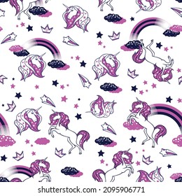 Vector pattern illustration of unicorns and rainbow in cartoon style.