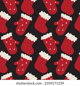 VECTOR PATTERN ILLUSTRATION, WINTER HOLIDAYS CHRISTMAS SOCK ON BLACK BACKGROUND ,NEW YEAR FOR FABRIC, PAPER PRINT OR OTHER DESIGN USES.