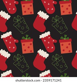 VECTOR PATTERN ILLUSTRATION, WINTER HOLIDAYS CHRISTMAS GIFT BOX CHRISTMAS SOCK ,NEW YEAR FOR FABRIC, PAPER PRINT OR OTHER DESIGN USES.