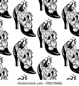 Vector pattern with  illustration of woman shoe with flowers and bow. Tattoo artwork in hand drawn style. Template for card, poster, banner, print for t-shirt