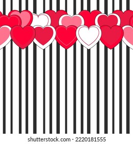 Vector pattern. Illustrations for the design of fabrics, gift wrapping, cards, covers, flyers, posters, etc. Seamless background with gray and white stripes and a border of pink, red and white hearts.