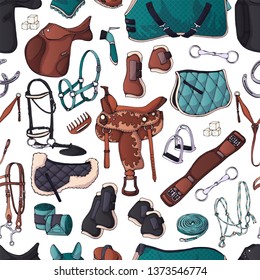 Vector pattern. Illustrations on the equestrian theme; accessories and clothing for horses and riders. Isolated objects for your design. Each object can be changed and moved.