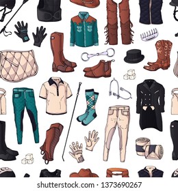 Vector pattern. Illustrations on the equestrian theme accessories and clothing for horses and riders. Isolated objects for your design. Each object can be changed and moved.