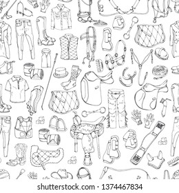 Vector pattern. Illustrations on the equestrian theme accessories and clothing for horses and riders. Isolated objects for your design. Each object can be changed and moved.