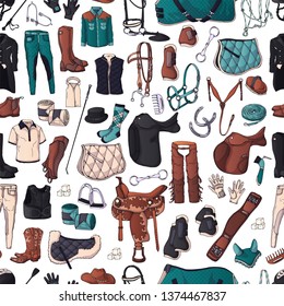 Vector pattern. Illustrations on the equestrian theme accessories and clothing for horses and riders. Isolated objects for your design. Each object can be changed and moved.