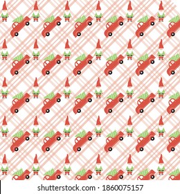 Vector pattern with illustrations of red pickups and Christmas gnomes. Red plaid background design