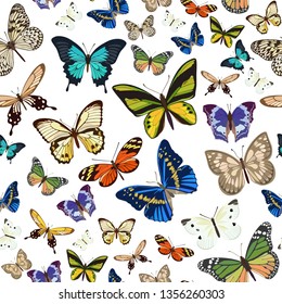 Vector pattern with the image of colored butterflies flying small and large on white background in flat style.