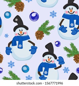 Vector pattern with the image of cute snowmen in hat, blue scarves and mittens on white background. Elegant background for winter design, textiles, wrapping paper.