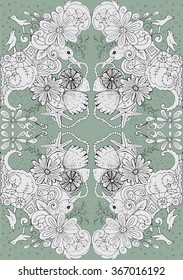 Vector pattern with the image of decorative birds, flowers, shells, starfish, leaves and abstract elements painted by hand with black pen on a white background