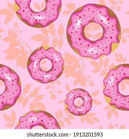 Patrón vectorial con la imagen de los donuts en el acristalamiento de azúcar. Antecedentes para el diseño de un sitio web de negocios para una panadería de confitería casera. Adecuado para una portada en las redes sociales.