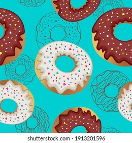 Vector pattern with the image of donuts in sugar glaze. Background for the design of a business website for a home confectionery bakery. Suitable for a cover on social networks.